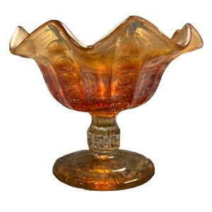 Vintage Carnival Glass Marigold Small Stemmed Ruffled Edge Bowl